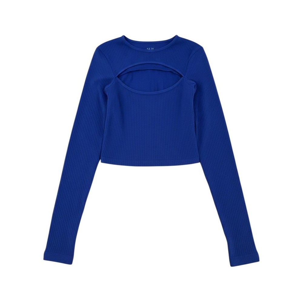 NUX Open Front Long Sleeve Ribbed Activewear Top Royal Blue Small NWOT